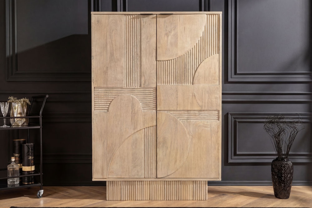 Massiver Barschrank ART DECO 140cm weiß gekälkt Mangoholz 3D-Front Highboard