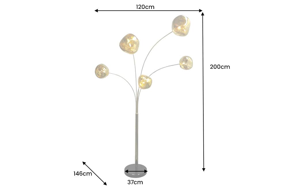 Design Stehlampe LIQUID DIAMOND 200cm gold fünf Glasschirme mit Marmorfuß