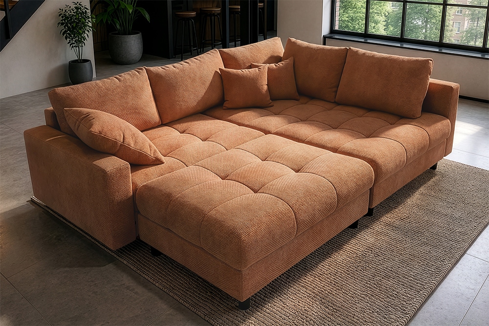Modernes Ecksofa KENT 220cm rostbraun Chenille inkl. Hocker Federkern Wohnlandschaft