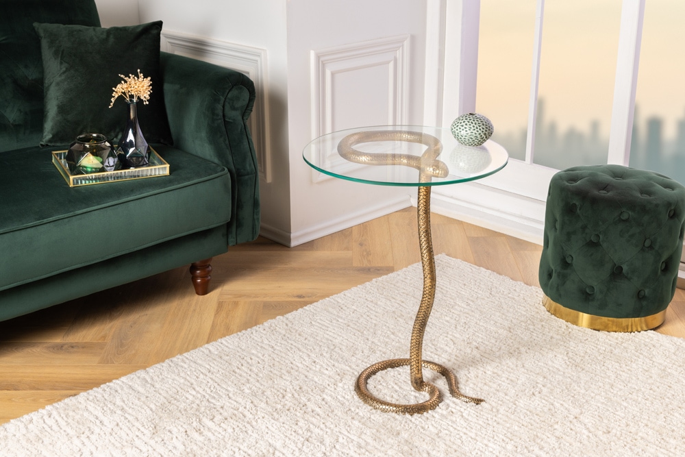 Runder Beistelltisch WILDLIFE SNAKE 65cm kupfer antik Metall Glas handmade
