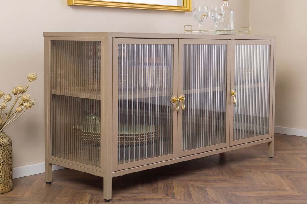 Modernes Sideboard AMSTERDAM 105cm greige gold Vitrine Schrank Riffelglas Metall