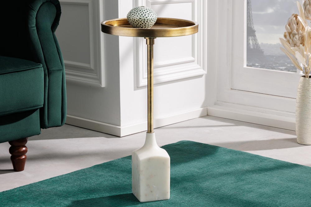 Design Beistelltisch TRAYFUL 60cm antik gold weißer Marmorfuß handmade rund