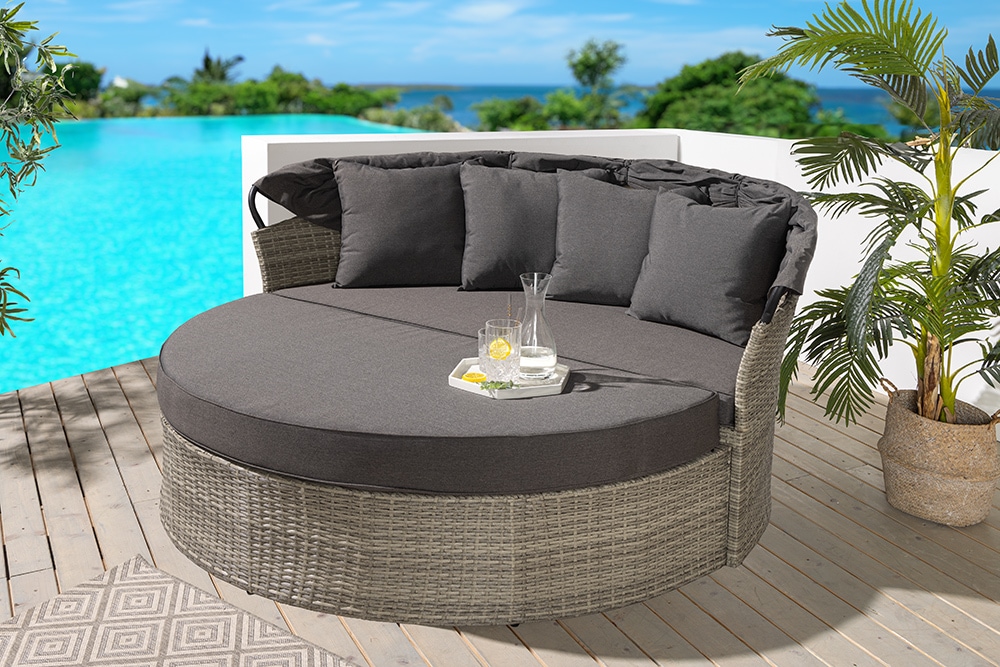 Outdoor Sonneninsel PLAYA LIVING 165cm hellgrau Polyrattan Aluminium inklusive Kissen wetterfest