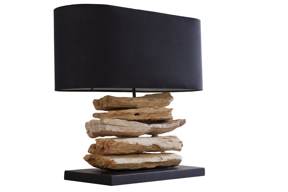 Handgearbeitete Treibholz Lampe RIVERINE 55cm schwarz Leinenschirm Tischleuchte