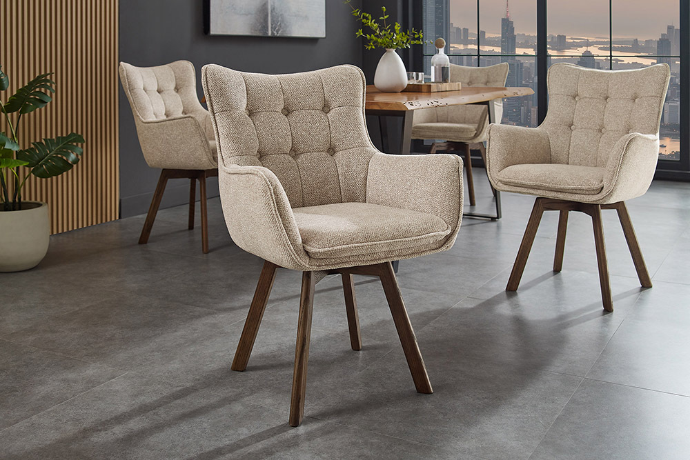 Drehbarer Stuhl THOR beige Strukturstoff braun Wenge Eichenholz 360° mit Armlehne » Jetzt kaufen