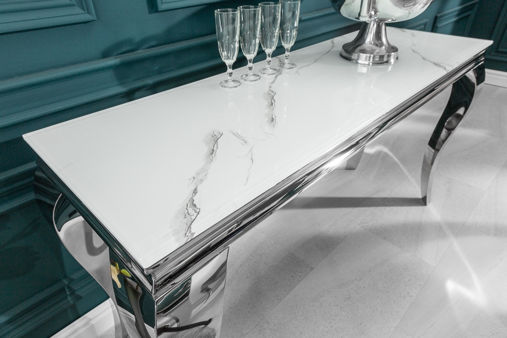 Eleganter Konsolentisch MODERN BAROCK 145cm mit Glasplatte Marmoroptik Edelstahlbeine