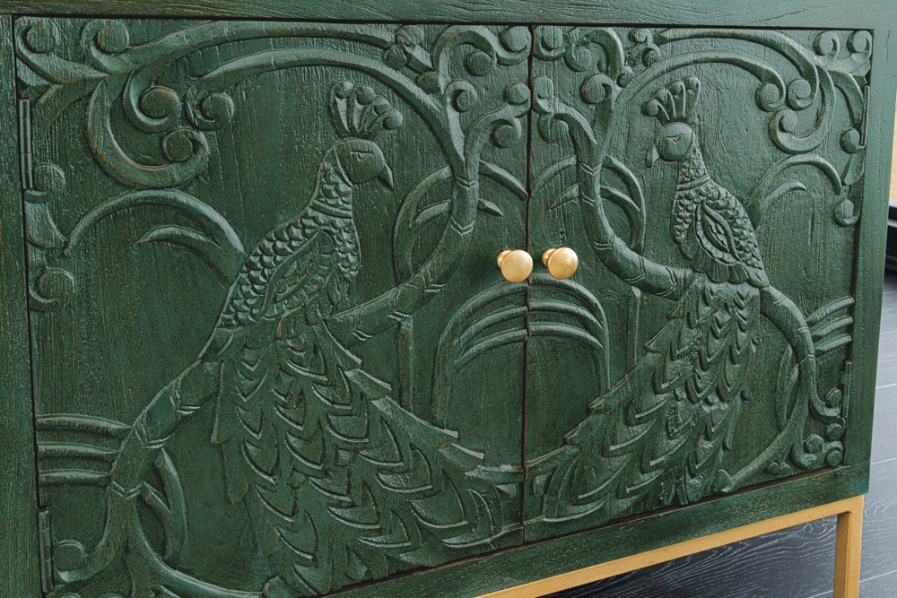 Massives Sideboard PEACOCK 175cm grün Mangoholz antik 3D Schnitzerei Pfau-Design