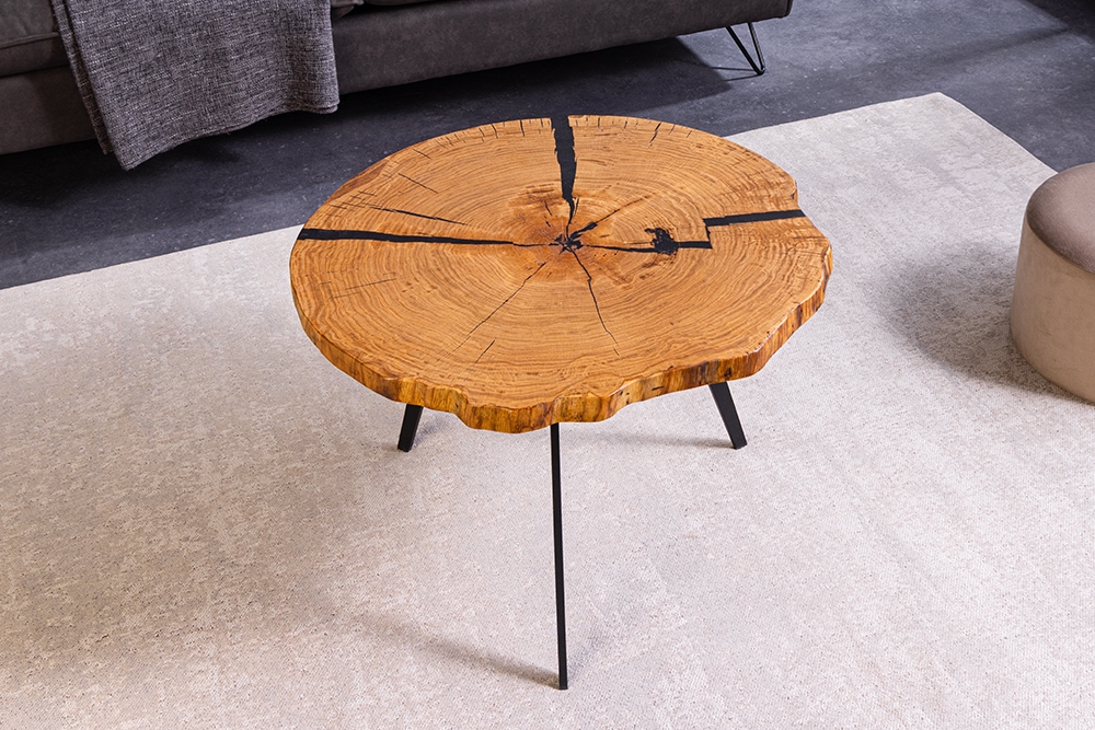 Runder Couchtisch ARBOR 65cm natur Eiche Massivholz schwarz Metall Beistelltisch