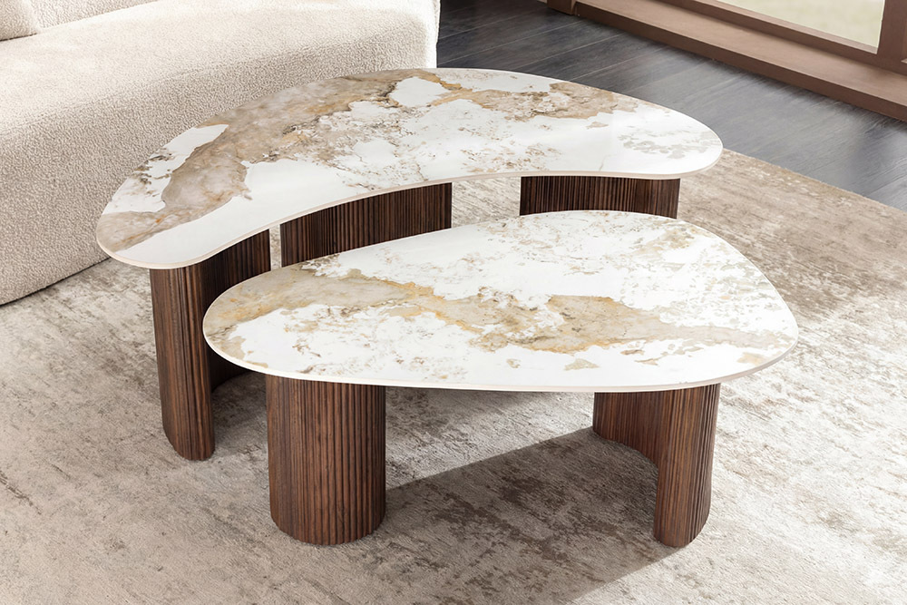 2er Set Couchtische OSAKA 120cm weiß Pandora Keramik Walnuss