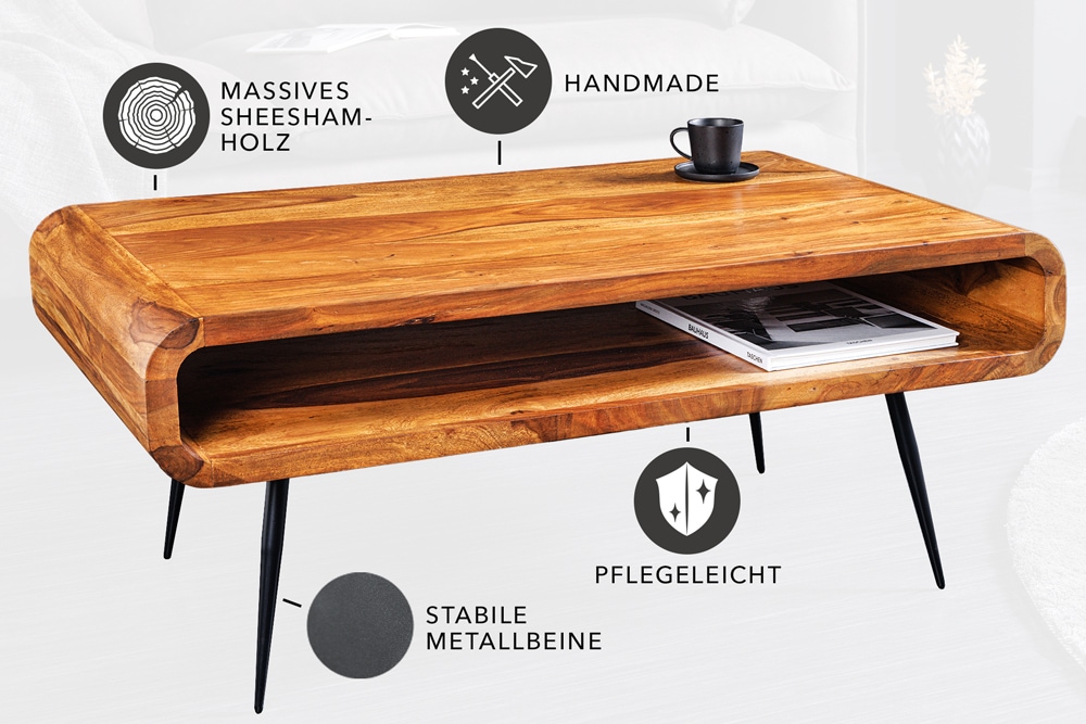 Massivholz Couchtisch ALPHA 90cm braun Sheesham stone finish Metallbeine mit Stauraum