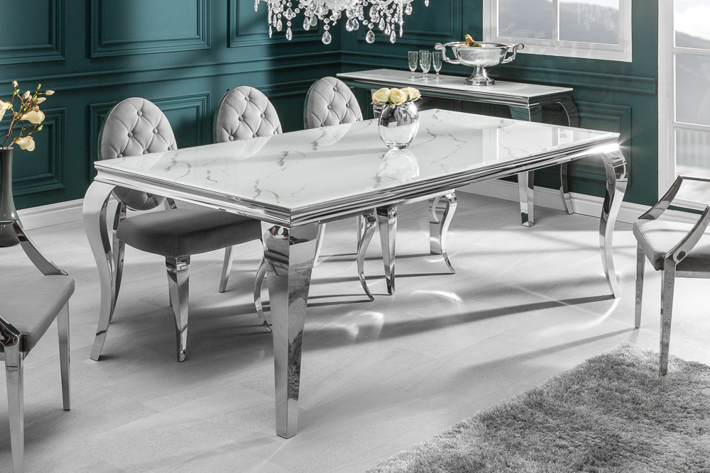 Design Esstisch MODERN BAROCK 200cm weiß chrom Glasplatte Marmor Edelstahlbeine » Jetzt kaufen