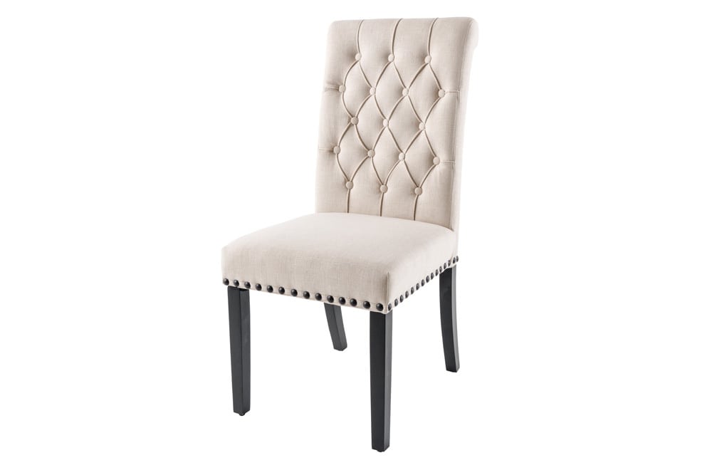 Design Stuhl CASTLE beige schwarz Strukturstoff Holzfüße Chesterfield