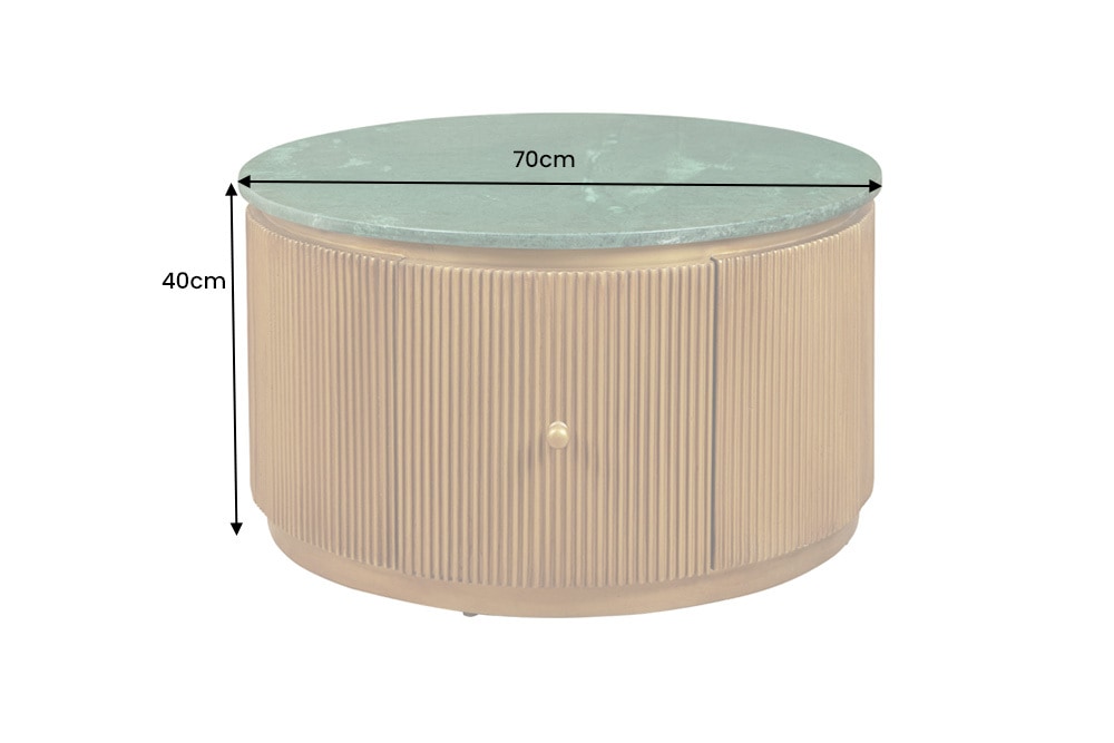 Runder Couchtisch COFFEE TABLE VENEZIANO 70cm messing grün Mangoholz Marmor Schublade