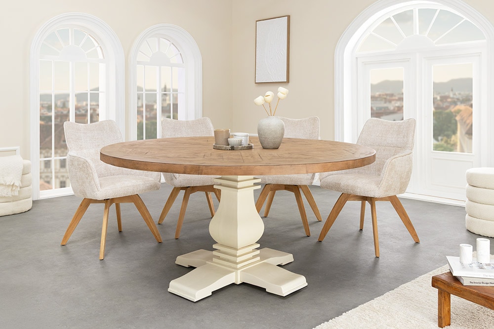 Runder Esstisch HAMPTONS 120cm hellbraun creme recycelte Pinie Massivholz