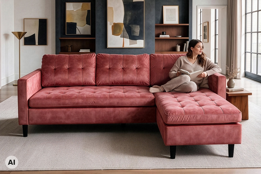 Ecksofa STOCKHOLM 220cm altrosa Samtstoff Federkern 3-Sitzer-Sofa