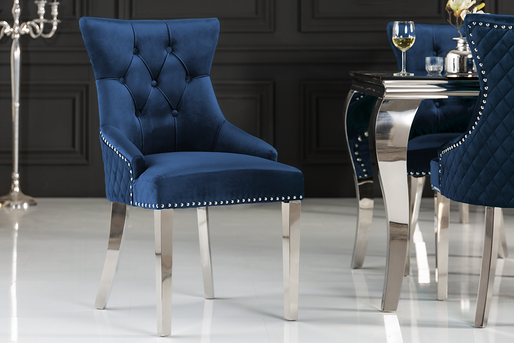 Barock Stuhl CASTLE DELUXE royalblau Samt Löwenkopf Chesterfield Design Esszimmerstuhl Nieten