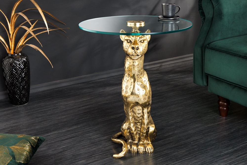 Runder Beistelltisch WILDLIFE PANTHER 60cm gold antik Metall Glas Skulptur handmade