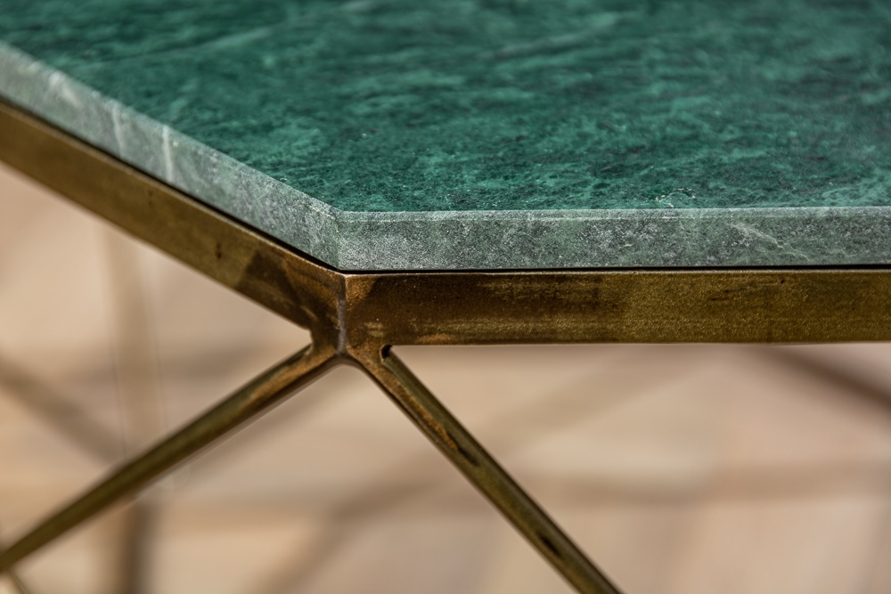 Eleganter Couchtisch DIAMOND 70cm grün messing mit Marmorplatte