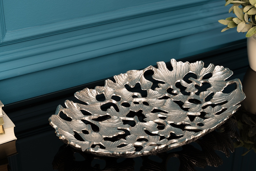 Dekorative Schale GINKGO LEAFS 40cm silber handmade Metall