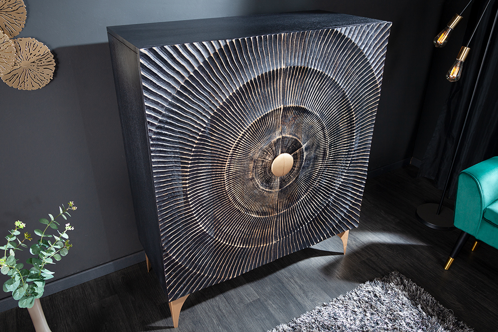 Handgearbeitetes Highboard GOLDEN SUNSET 120cm mit 3D Schnitzereien schwarz gold Mangoholz