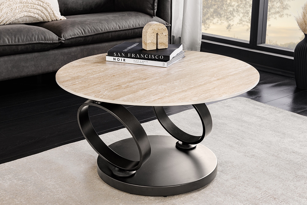 Design Couchtisch DANCING RINGS rost rund drehbar Travertin Keramik schwarz Gestell