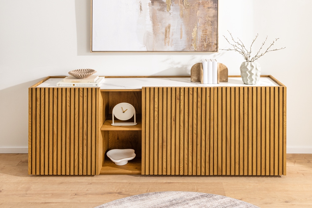 Design Sideboard VICENZA 180cm weiß Keramik natur Eiche Lamellenfront