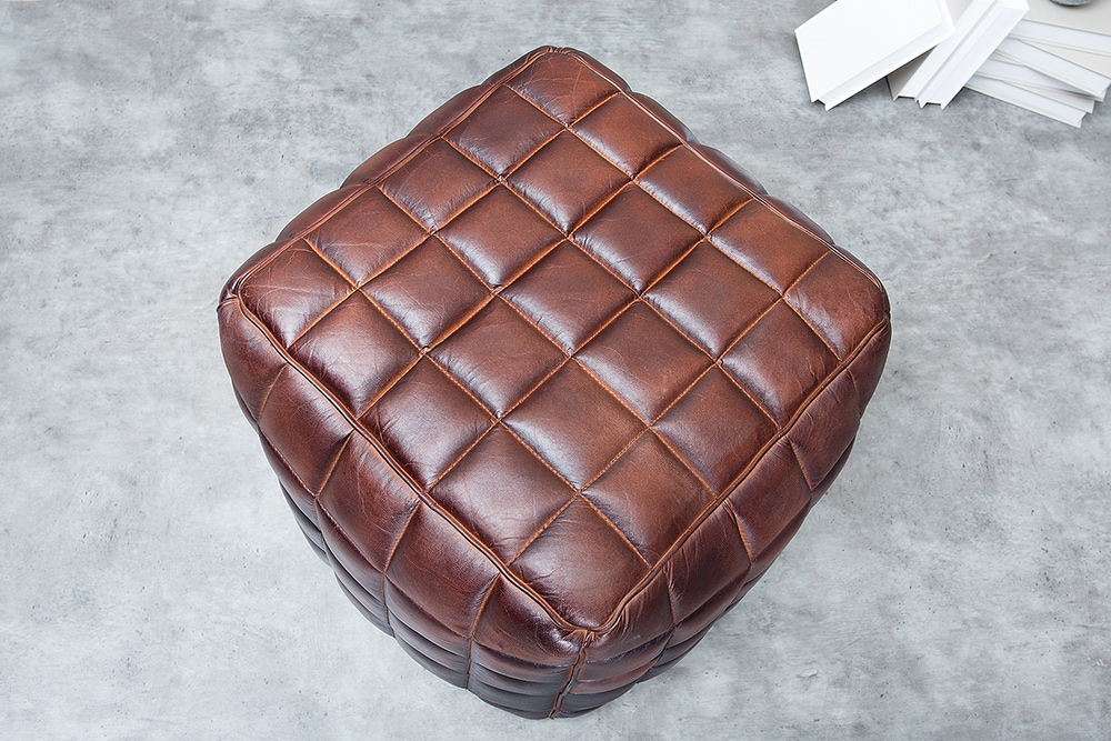 Retro Hocker RIDER 40cm braun Echtleder mit Ziersteppung