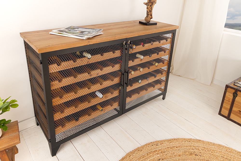 Design Weinboard  BODEGA 130cm natur schwarz Tannenholz Metall Flaschenregal