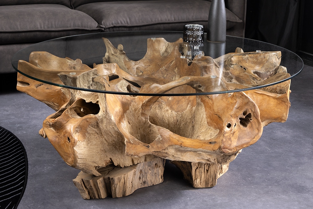 Runder Couchtisch ROOT 100cm natur Teak Massivholz aus Wurzelholz mit Glasplatte