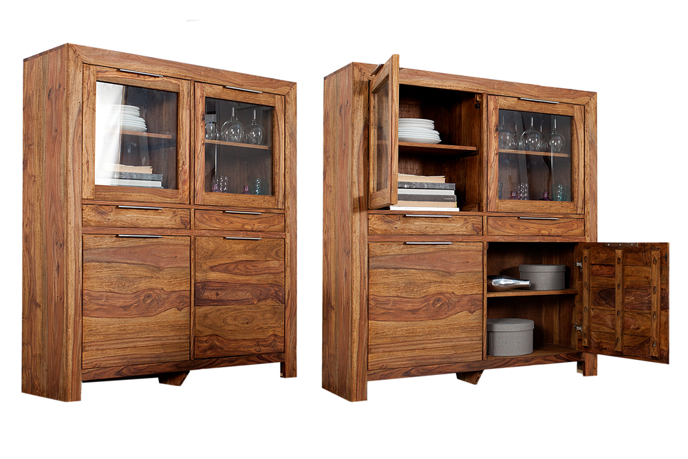 Massives Highboard PURE 140cm braun Sheesham stone finish Vitrine Palisander