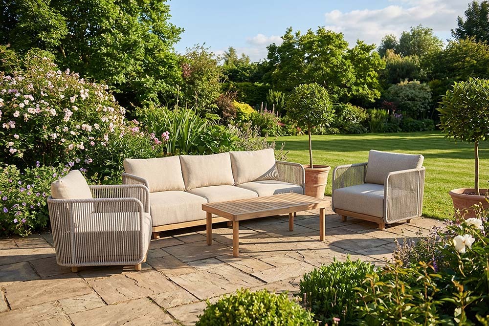 Outdoor Garten-Lounge-Set ROPE hellgrau natur Akazie wetterfest inkl. Tisch und Kissen » Jetzt kaufen