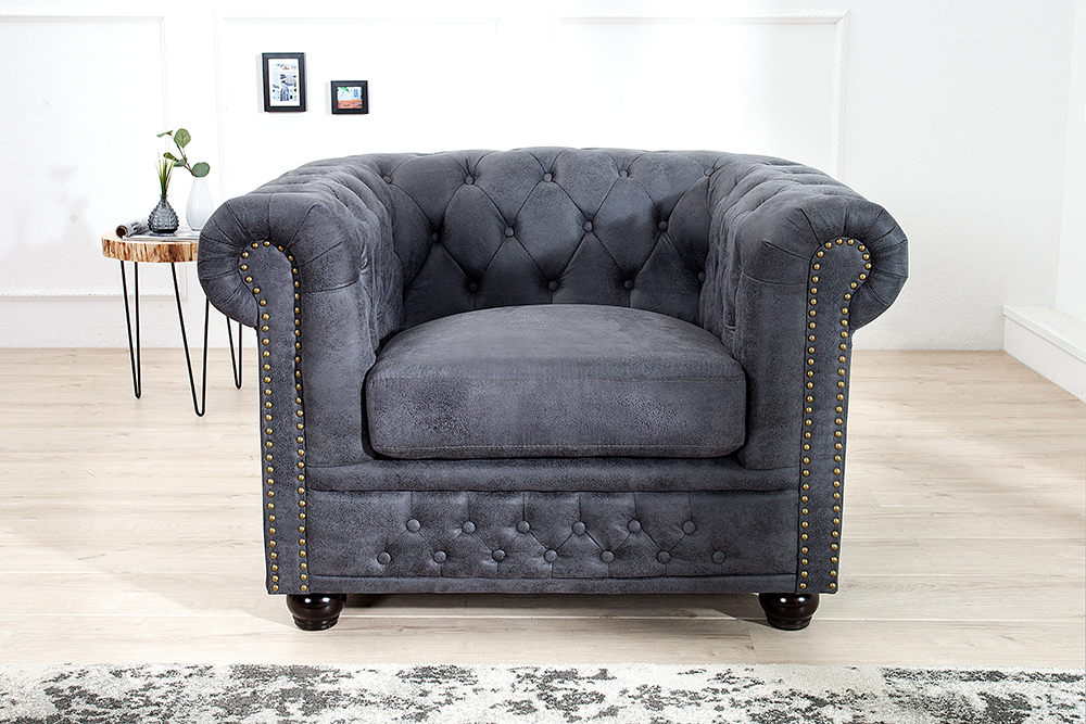 Chesterfield Sessel 105cm antik grau mit Knopfheftung und Federkern