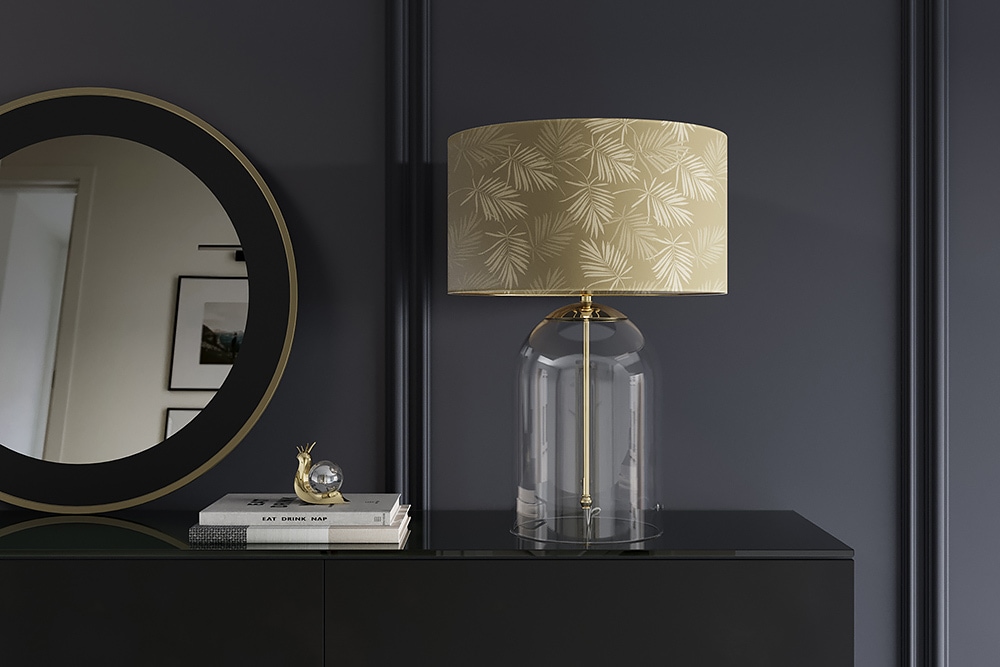 Moderne Tischlampe CLASSICO 60cm transparent Glas weiß gold Leinenschirm