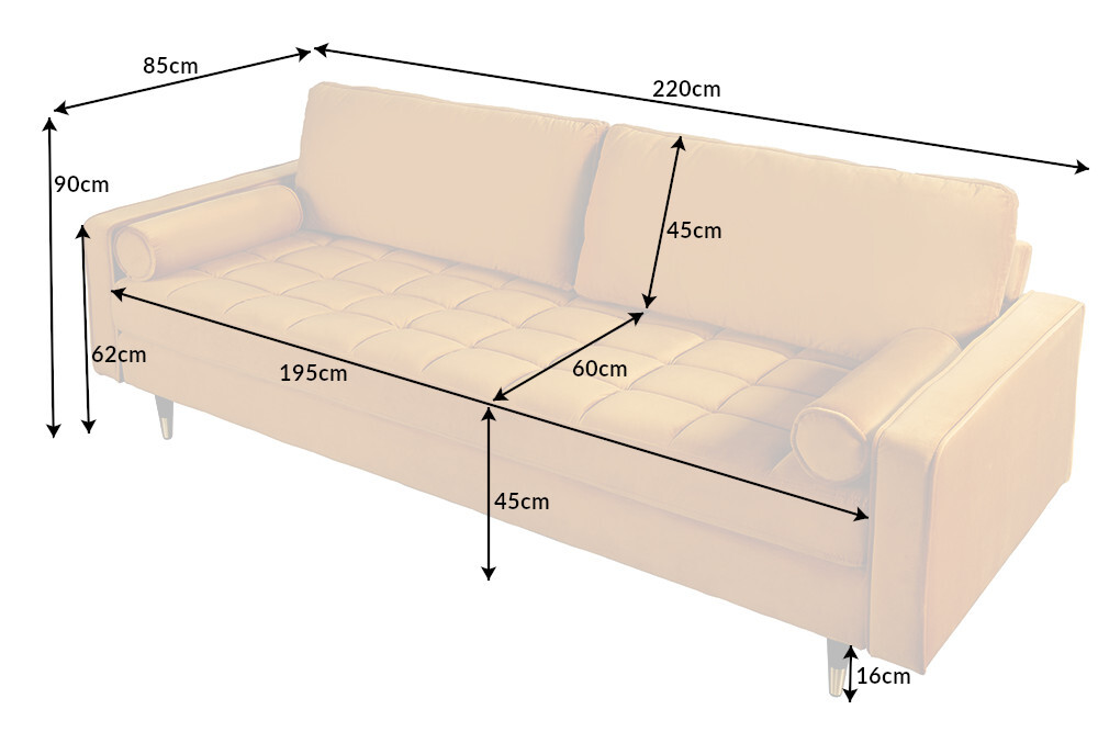 Design 3-Sitzer Sofa COZY VELVET 220cm senfgelb Samt Federkern