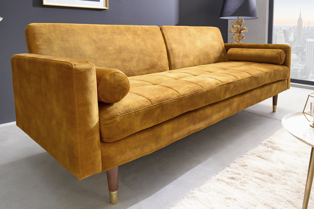 Modernes Schlafsofa COUTURE 200cm senfgelb Microvelours 3-Sitzer Couch mit Schlaffunktion