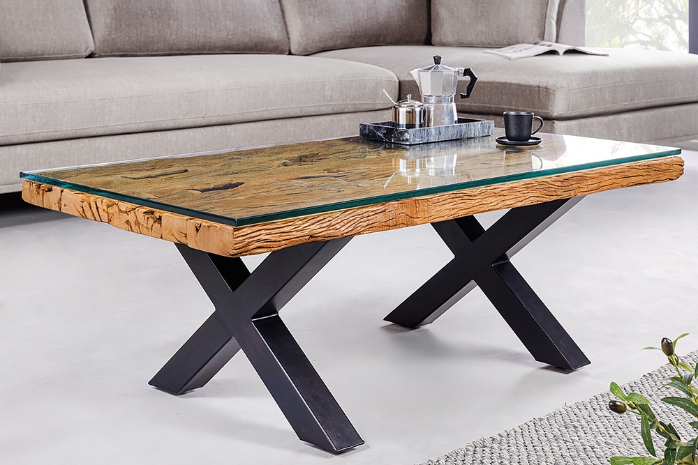 Massiver Couchtisch BARRACUDA 110cm antik natur Teakholz X-Gestell Glasplatte