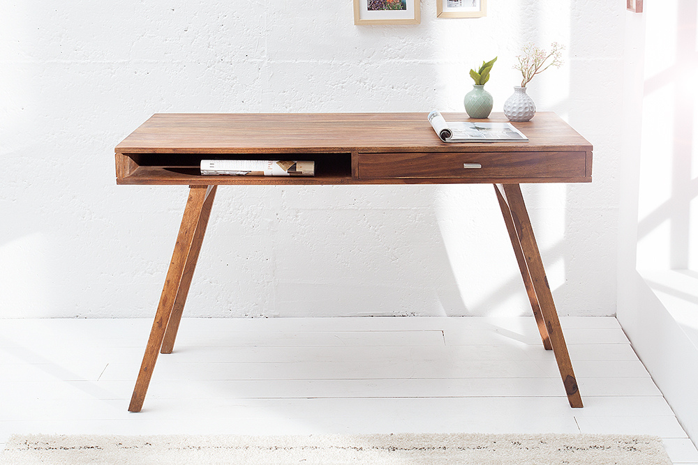 Design Schreibtisch RETRO 120cm braun Sheeshamholz stone finish Design Klassiker