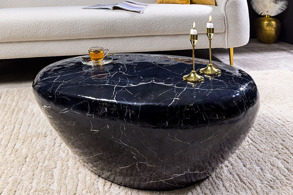 Handgefertigter Couchtisch STONE 75cm schwarz Marmor-Design Metall