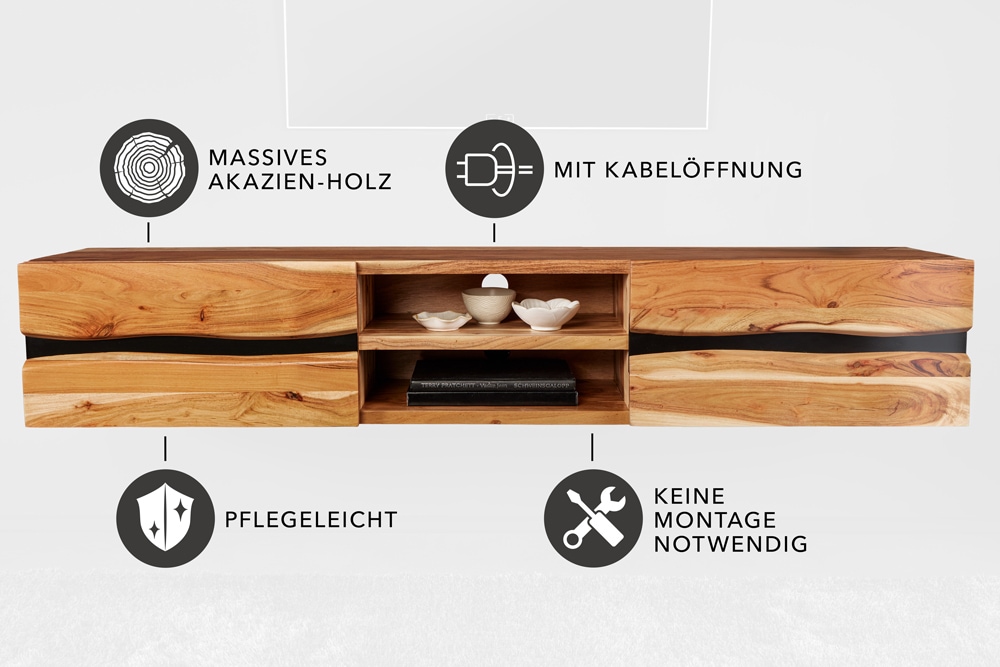 Hängendes TV-Lowboard AMAZONAS 160cm natur Akazie Massivholz Baumkante Metall schwarz