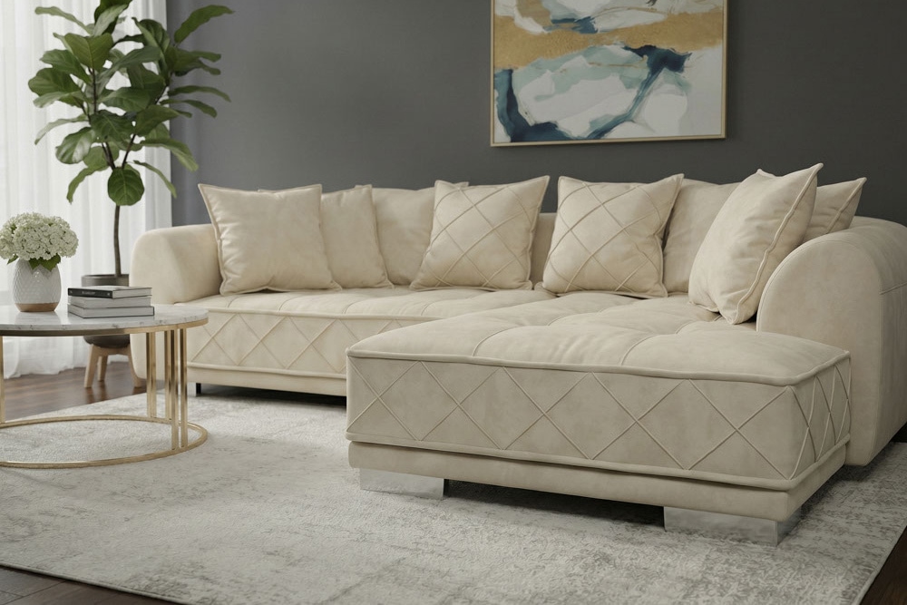 Modernes XXL Ecksofa DECADENCIA 320cm beige Samt Bigsofa inkl. Kissen