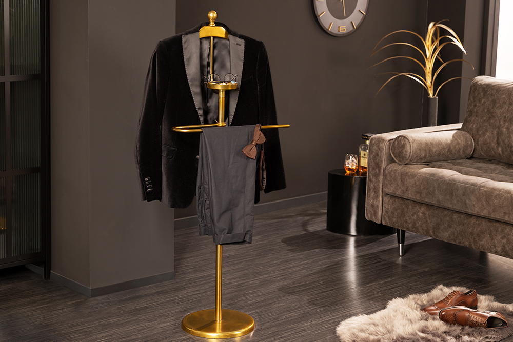 Eleganter Herrendiener VALET 128cm gold Aluminium Kleiderhaken Garderobenständer