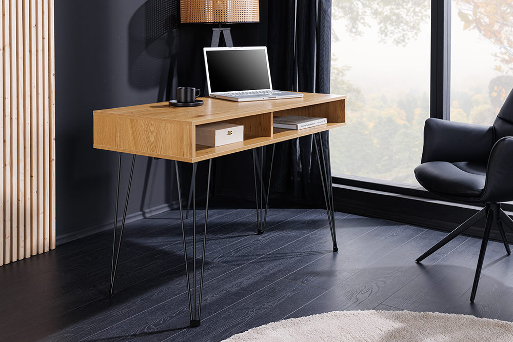 Industrial Schreibtisch STUDIO 110cm natur Eiche Laptoptisch Hairpin Legs Stauraum