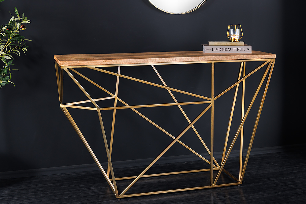 Abstrakter Konsolentisch DIAMOND 120cm natur messing Mangoholz Metallgestell