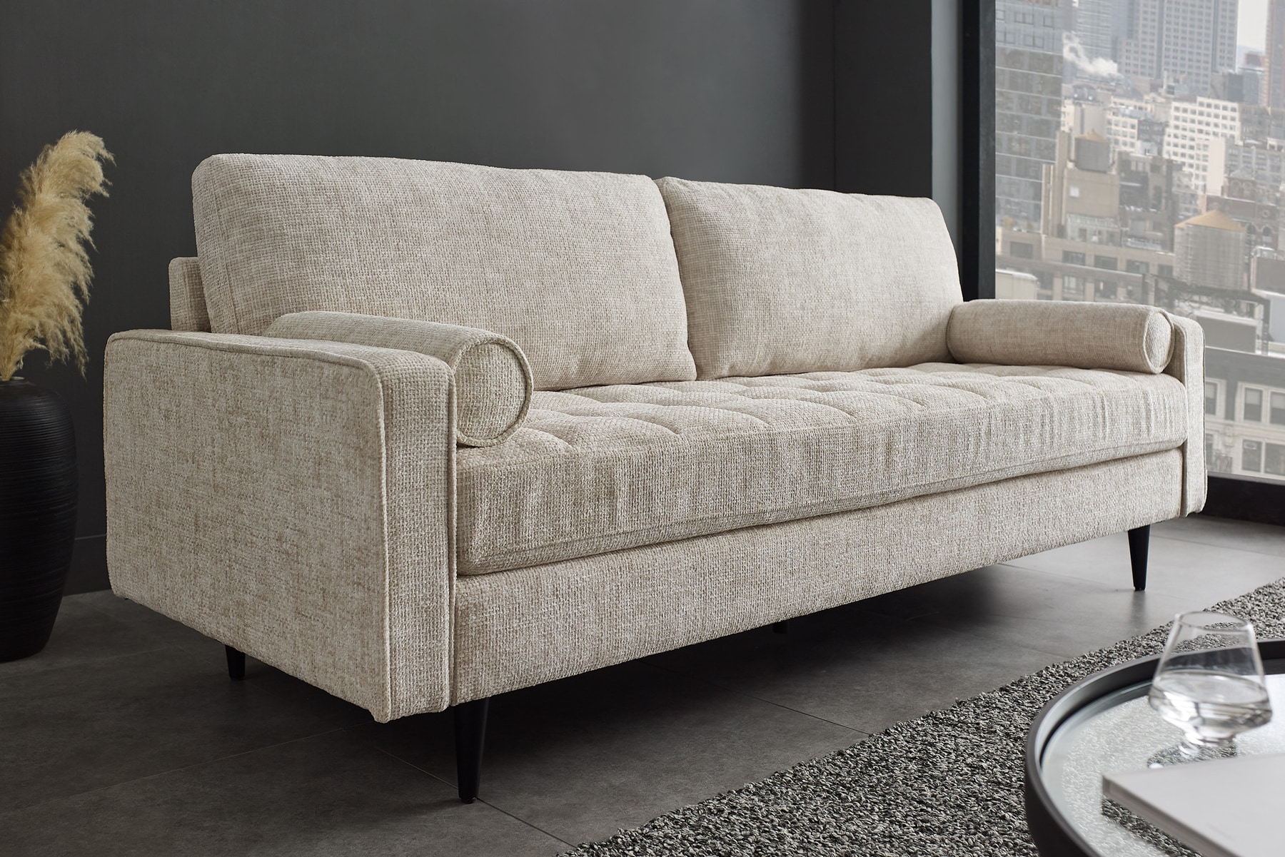 Design Sofa COZY VELVET 220cm beige Chenille Federkern 3-Sitzer mit goldener Kappe