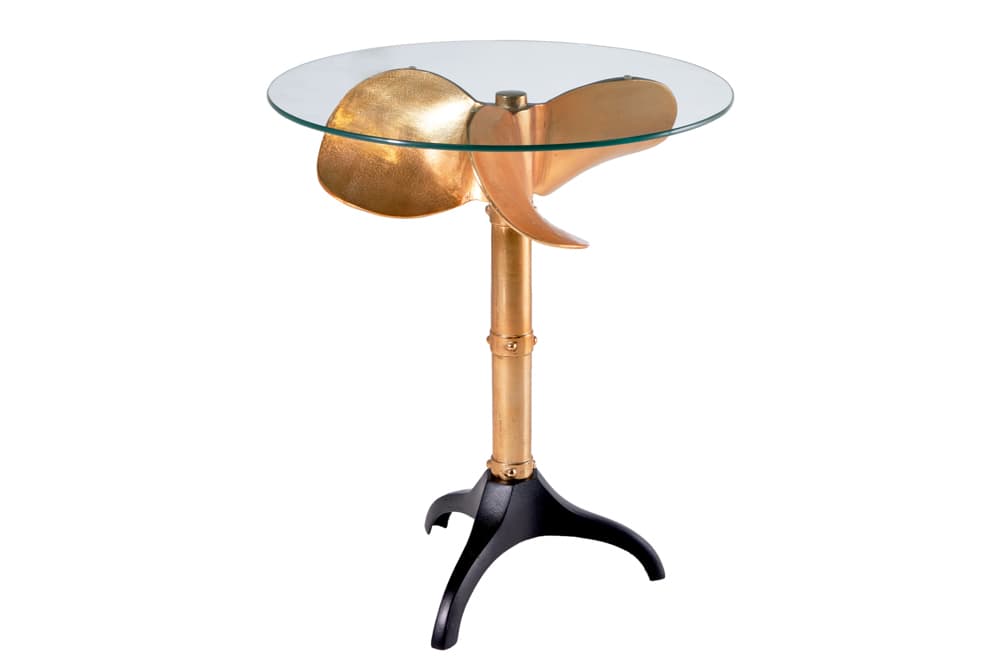Handgefertigter Beistelltisch OCEAN 75cm gold schwarz Glasplatte Metall maritim rund