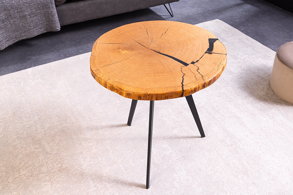 Runder Couchtisch ARBOR 55cm natur Eiche Massivholz schwarz Metall Beistelltisch