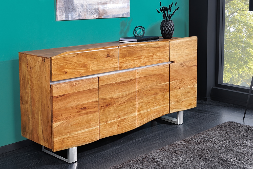 Massivholz Sideboard MAMMUT 170cm Akazie Baumkante mit Schubladen Kufengestell Edelstahl