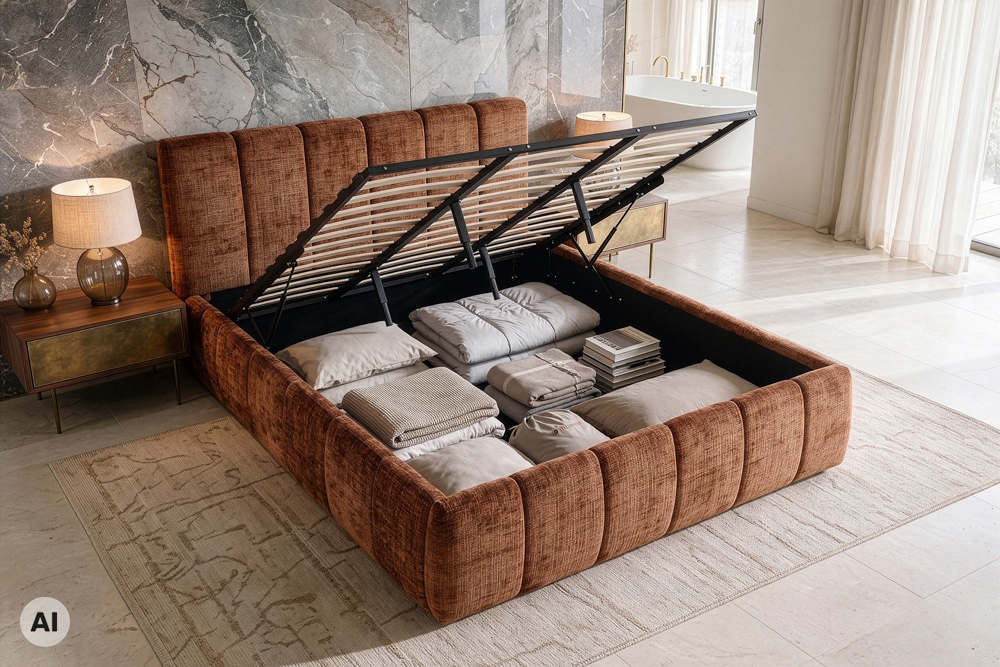 Design Boxbett ADLON 180x200cm rostbraun Chenille Cremona mit Stauraum und Lattenrost