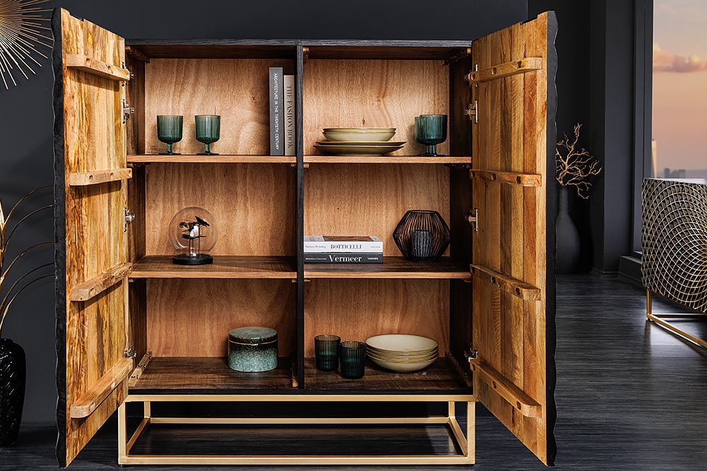Design Highboard ILLUSION 120cm schwarz Mangoholz Massivholz mit 3D Schnitzereien gold Eisen Metallgestell