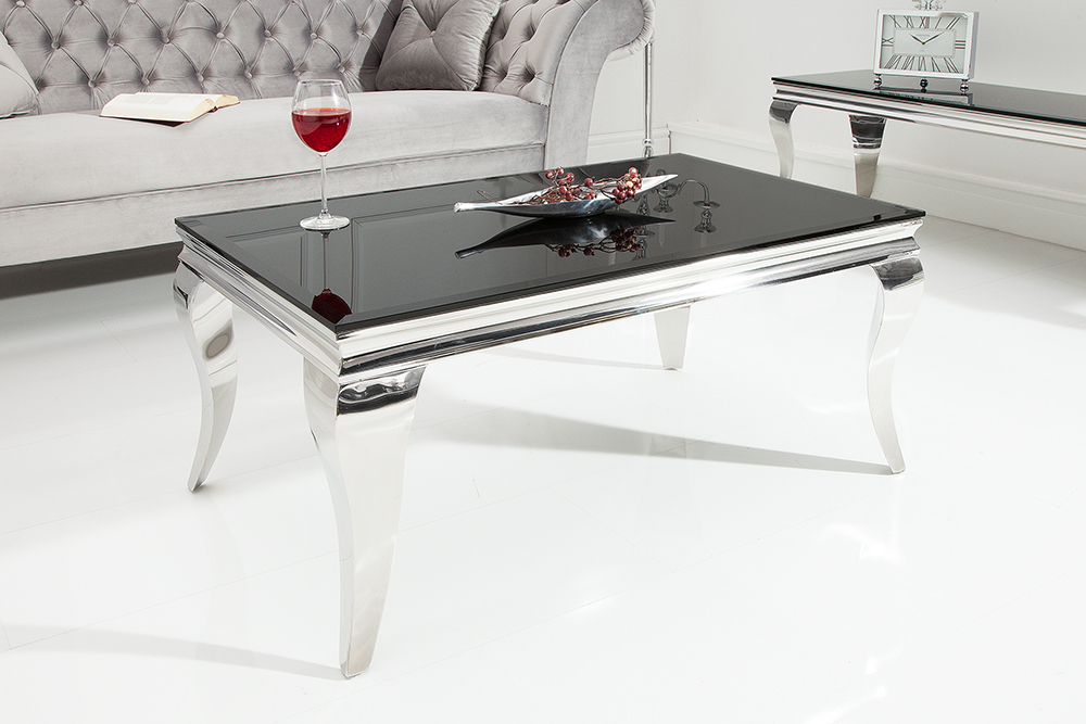 Eleganter Couchtisch MODERN BAROCK 100cm silber mit schwarzem Opalglas